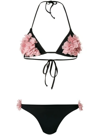 La Reveche Shayna Chiffon Flowers Embellished Bikini In Black Pink