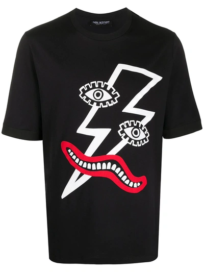 Neil Barrett T-shirt In Cotone Con Stampa Thunderbolt In Blk/whi/