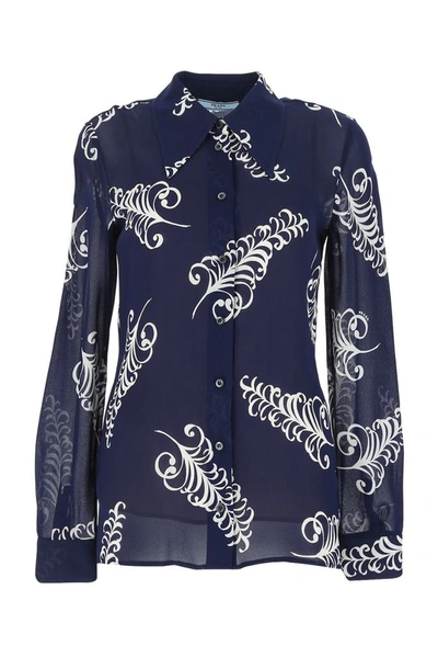 Prada Feather Print Crepe Shirt In Pattern