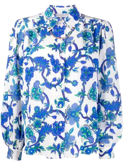 Givenchy Floral-print Button-front Chained Blouse In White Blue