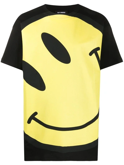 Raf Simons Smiley Face-print Cotton T-shirt In Black,yellow