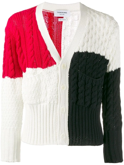 Thom Browne Color-block Cable-knit Cotton Cardigan In 960 Rwbwht