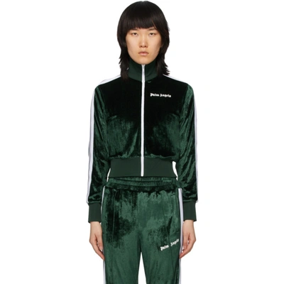 Palm Angels Green Chenille Cropped Zip-up Sweatshirt In Forest Gree