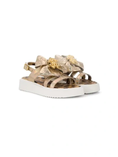 Roberto Cavalli Teen Bow Detailed Open Toe Sandals In Gold