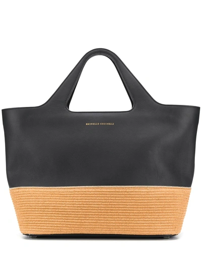 Brunello Cucinelli Raffia-effect Panelled Tote Bag In Black