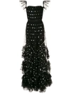 Marchesa Notte Spotted Sequin Embroidered Ruffle Gown In Black