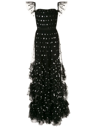 Marchesa Notte Spotted Sequin Embroidered Ruffle Gown In Black