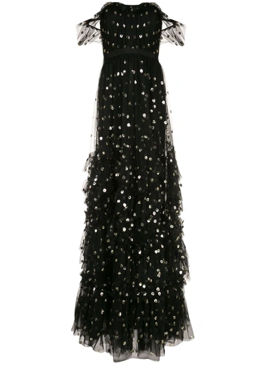 Marchesa Notte Off-the-shoulder Ruffled Polka-dot Sequined Tulle Gown In Black