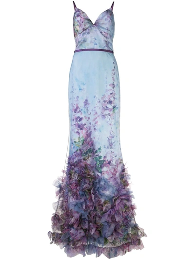 Marchesa Notte Sleeveless V-neck Printed Textured Gown In Light Blue
