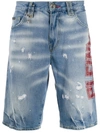 Philipp Plein Studded Logo Distressed Shorts In Blue