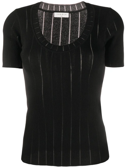 Sandro Ribbed Knit Scooped Neck Top In Black