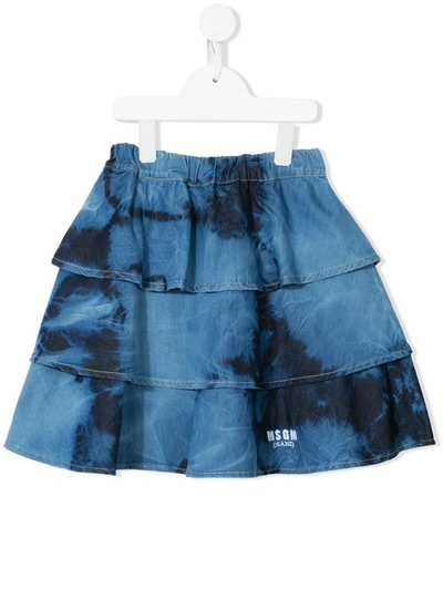Msgm Kids' Tie-dye Print Tiered Skirt In Blue