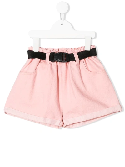 Andorine Kids' Belted Wide-leg Denim Shorts In Pink