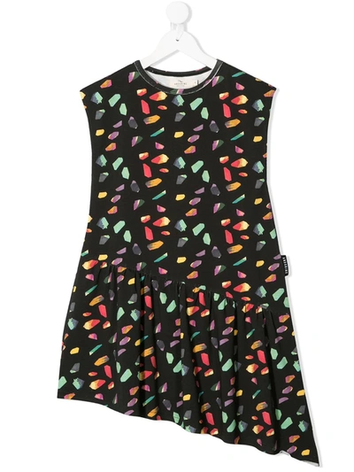 Andorine Kids' Geometric-print Asymmetric Dress In Black