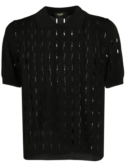 Fendi Open Knit Polo Shirt In Black