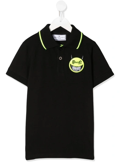 Philipp Plein Kids' Evil Smile Logo Polo Shirt In Black