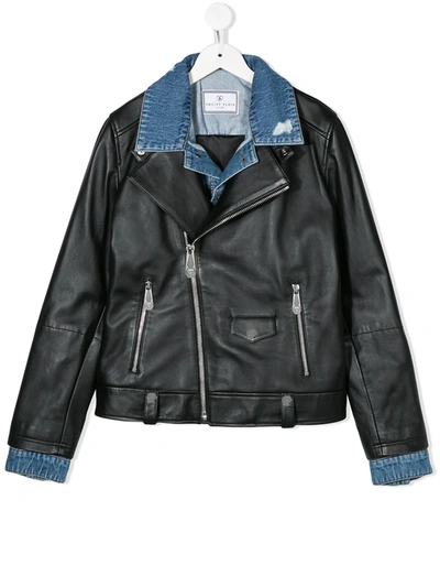 Philipp Plein Kids' Denim-collar Biker Jacket In Black