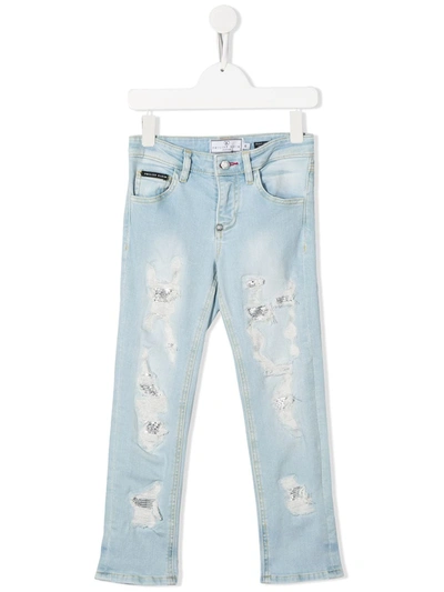 Philipp Plein Kids' Distressed Straight-leg Jeans In Blue