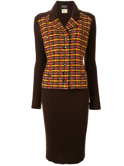 Pre-owned Chanel 1995 Check Panel Dress In Brown