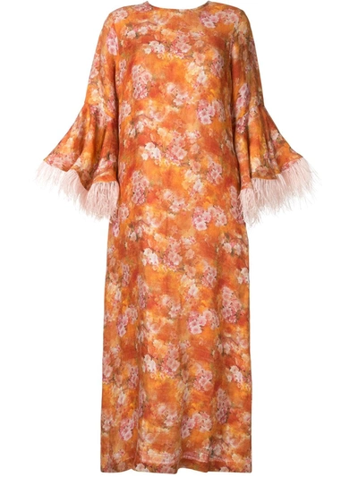 Bambah Camelia Feather-embellished Floral Linen-jacquard Kaftan In Orange