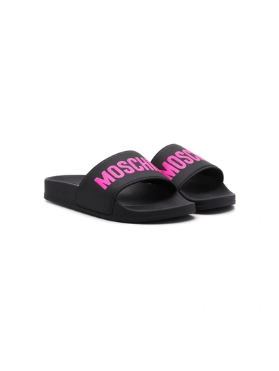 Moschino Kids' Logo Printed Rubber Slide Sandals In Black