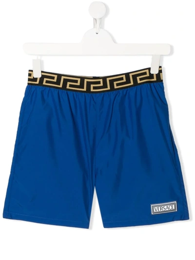 Young Versace Kids' Logo Patch Swim Shorts In Blue