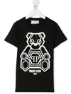 Philipp Plein Kids' Teddy Bear Logo Print T-shirt In 0201 Black / White