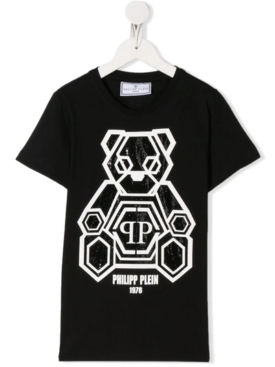 Philipp Plein Kids' Teddy Bear Logo Print T-shirt In 0201 Black / White