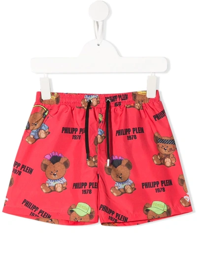 Philipp Plein Kids' Teddy Logo Print Swim Shorts In Red