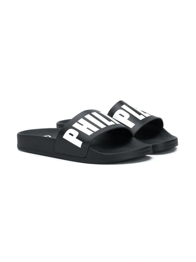Philipp Plein Kids' Logo Strap Pool Slides In Black