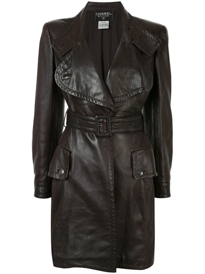 Pre-owned Chanel Notched Belted Midi Coat In Brown