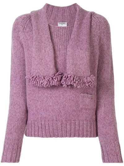 Pre-owned Chanel 2001 Cc Stole Motif Long Sleeve Knit Jumper Tops In Purple