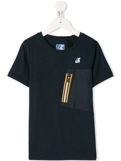 K-way Kids' Front-pocket Logo T-shirt In Blue