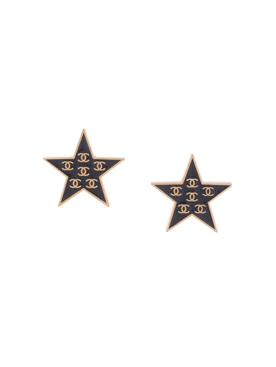 Pre-owned Chanel 2001 Cc Logo Star Earrings In Black