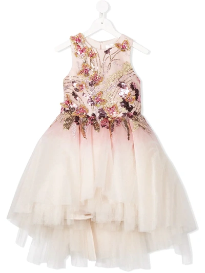 Mischka Aoki Kids' Floral-embellished Tulle Dress In Pink