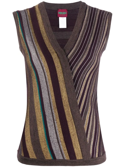 Pre-owned Kenzo 2000s Crisscross Striped Knitted Waistcoat In Brown