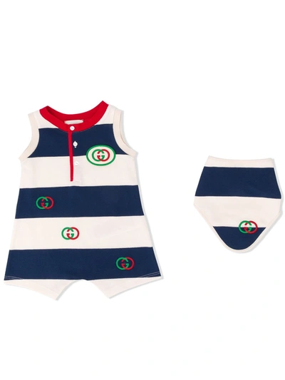 Gucci Babies' Gg Striped Shorties And Bib Set In Neutrals ,black