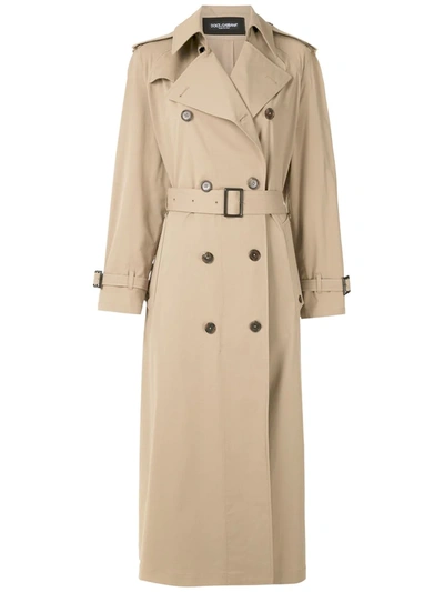 Dolce & Gabbana Double-breasted Long Trench Coat In Neutrals