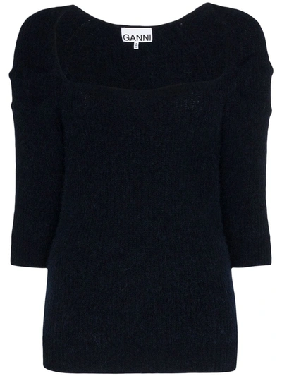 Ganni Square Neck Wool Knit Top In Blue