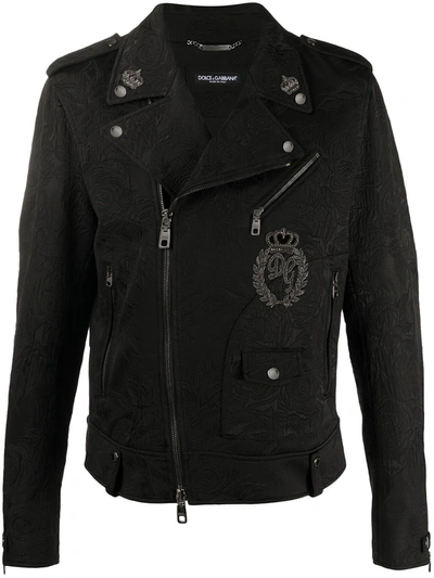 Dolce & Gabbana Floral Brocade Patch Biker Jacket In Black