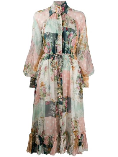 Zimmermann Wavelength Mixed Print Long Sleeve Silk Midi Dress In Patchwork Floral