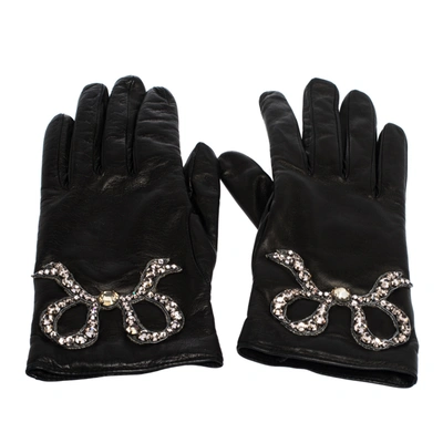 Pre-owned Gucci Black Leather Crystal Patch Gloves Size S