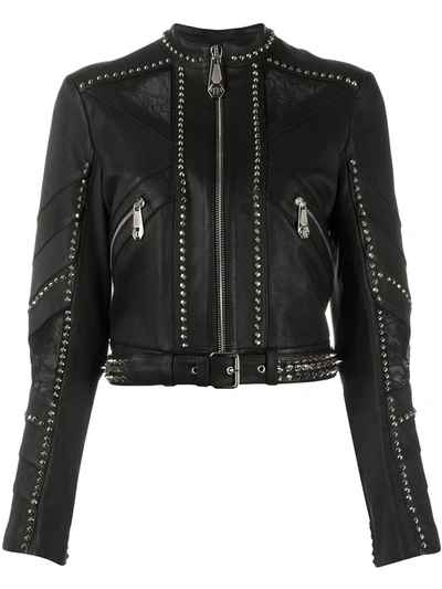 Philipp Plein Studded Cropped Biker Jacket In Black