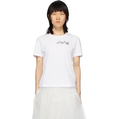 Mm6 Maison Margiela White Embroidered Logo Fitted T-shirt In 100 Offwhit