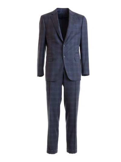 Brioni Prince Of Wales Suit In Blue In Grey