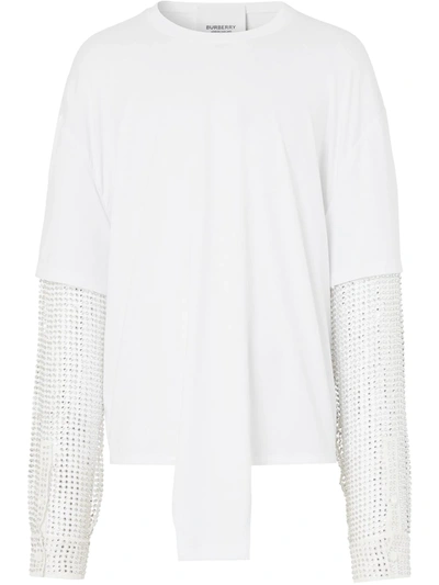 Burberry Crystal Sleeve Cut-out Hem Cotton Oversized T-shirt In White |  ModeSens
