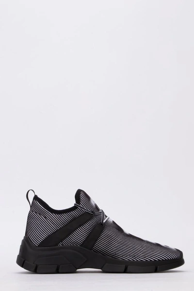 Prada Men's Logo Knit Row Sneakers In Black White