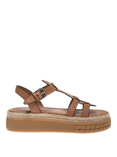 Prada Espadrilles Style Leather Sandals In Brown