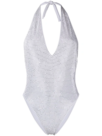 Alessandra Rich Crystal Embellished One Piece Swimsuit In White
