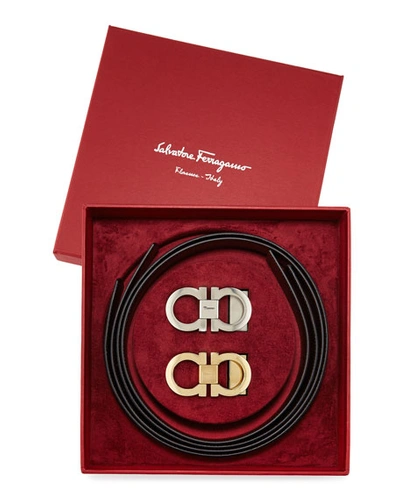 Ferragamo Men's Reversible Leather Gancini Belt Boxed Gift Set In Black/brown
